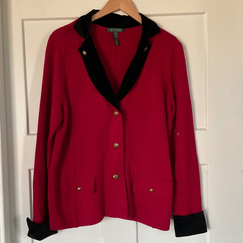 Vintage Lauren Ralph Lauren Sweater Jacket Velvet Collar & Cuffs w/ Gold Buttons
